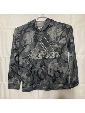 Adidas Boys' Warp Camo Allover Print Pullover Hoodie Gray And Black Size 14/16